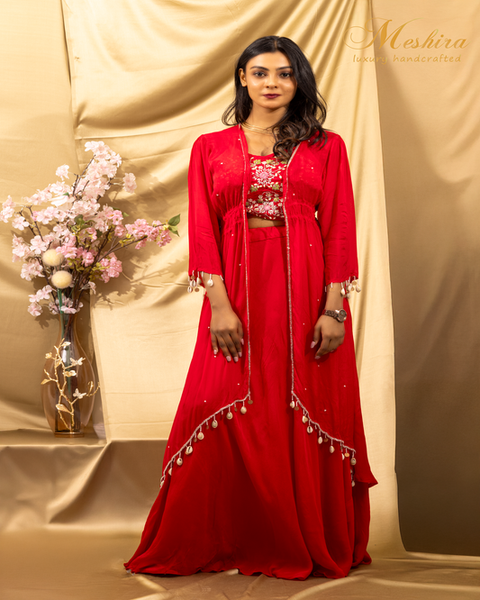 Red Embroidered Cape Co-Ord Set