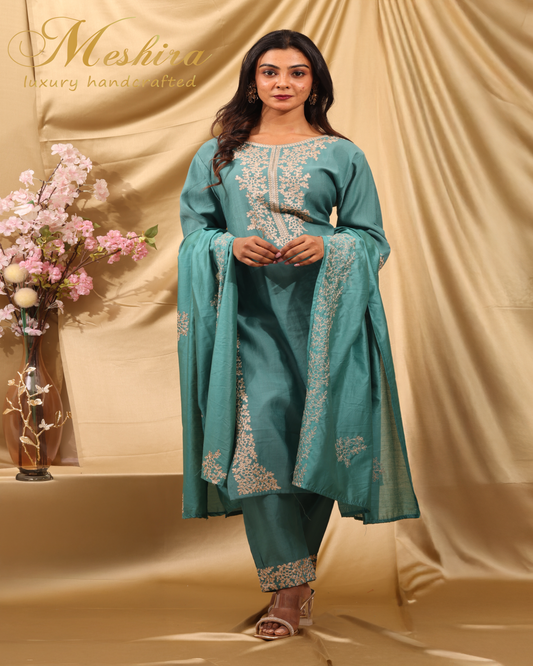 Embroidered Teal Kurta Set