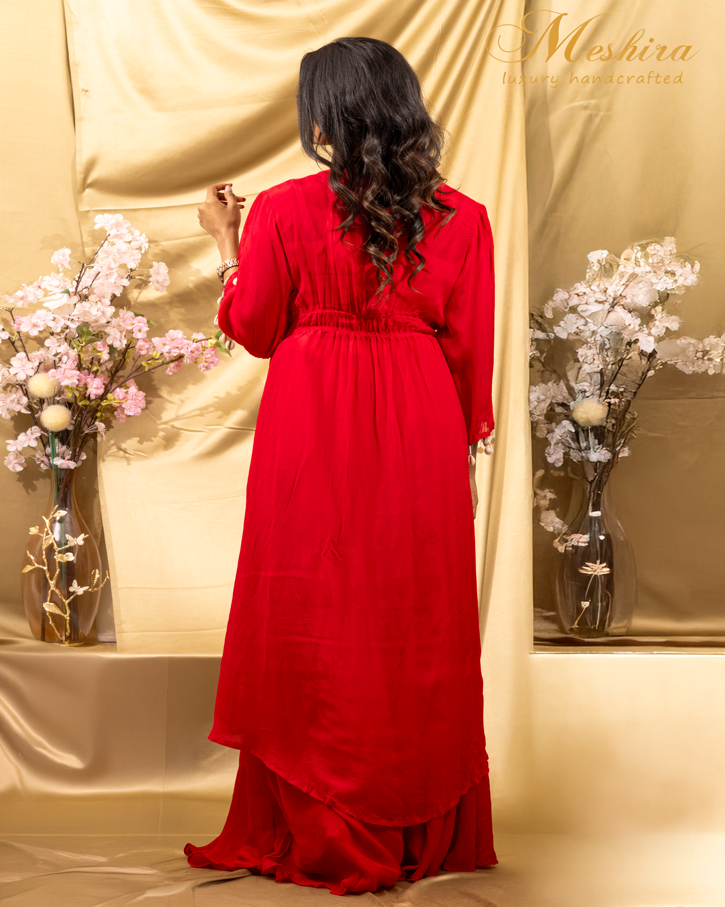 Red Embroidered Cape Co-Ord Set