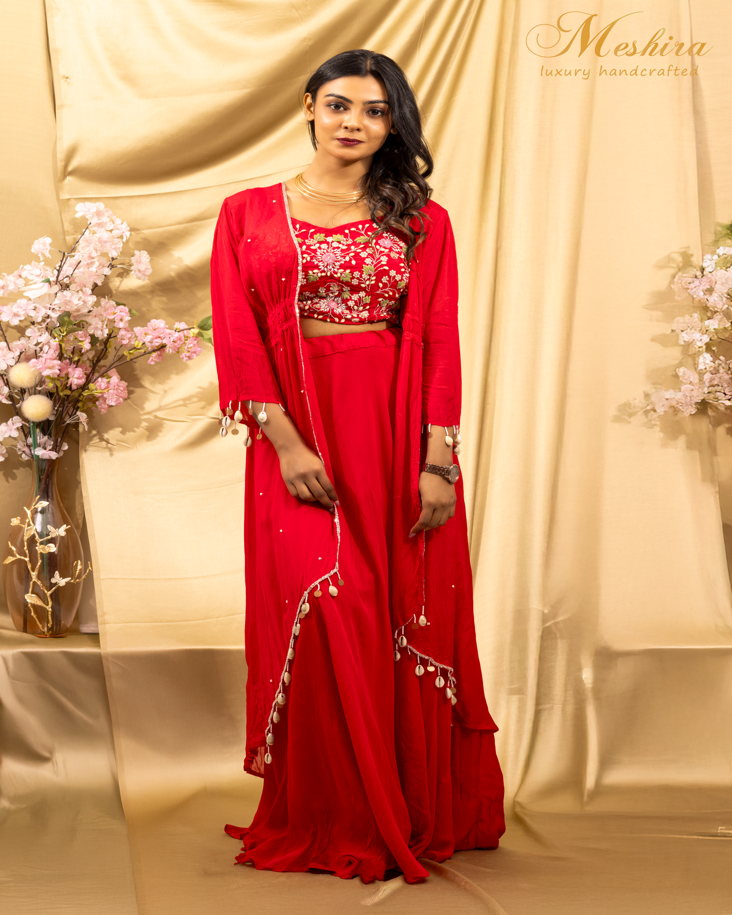 Red Embroidered Cape Co-Ord Set