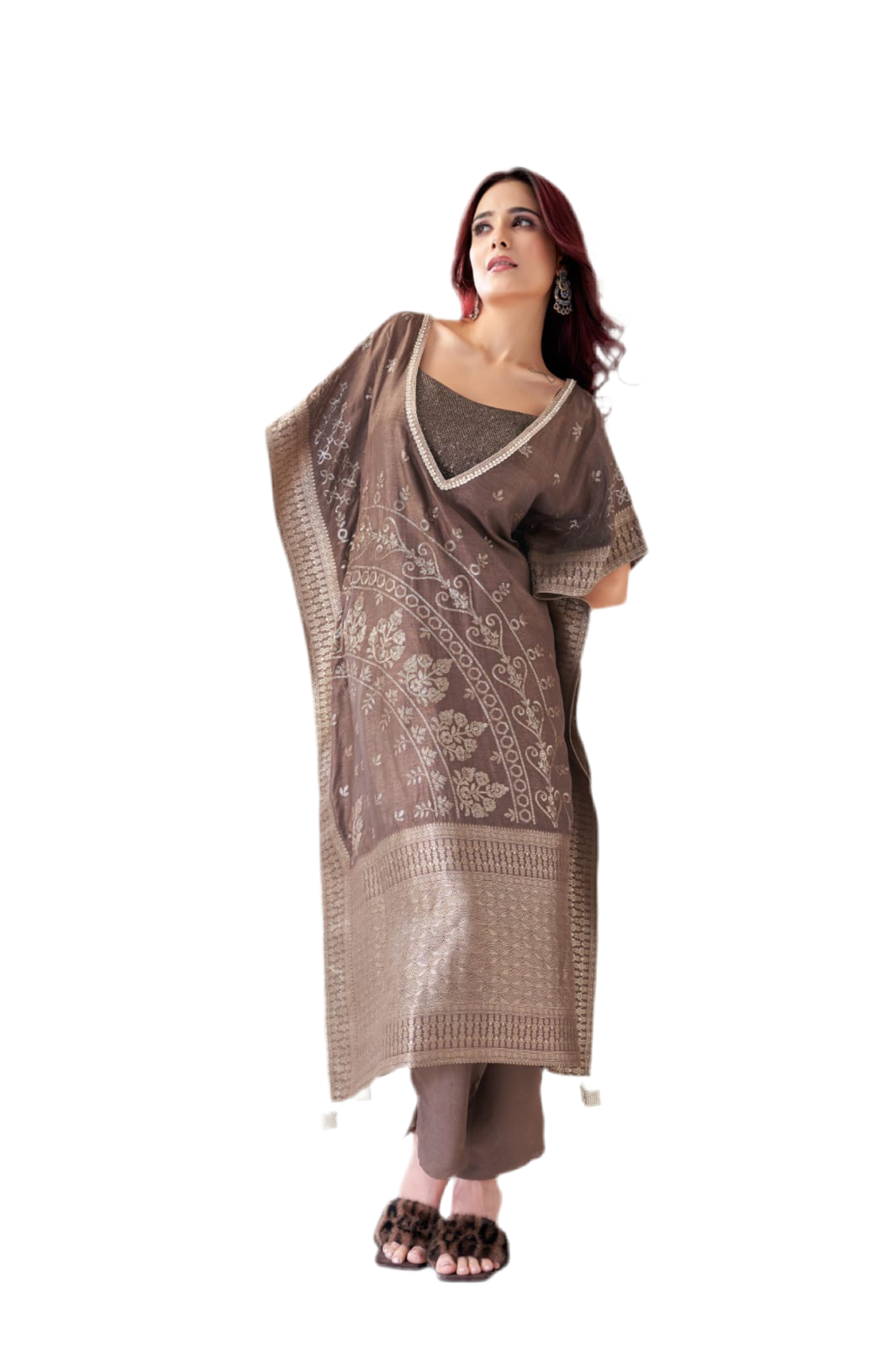 Banarasi elegant kaftan set from Meshira with zari accents.
