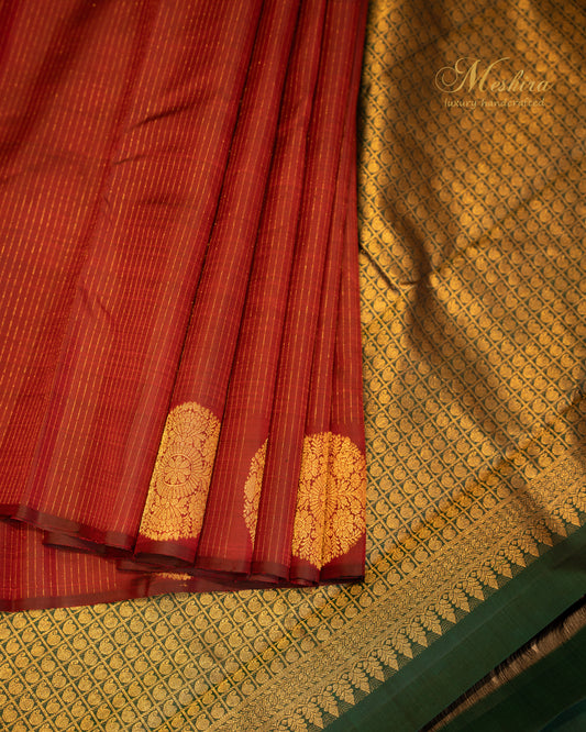 Maroon and bottle green Borderless Silk Saree with Mandala Motif