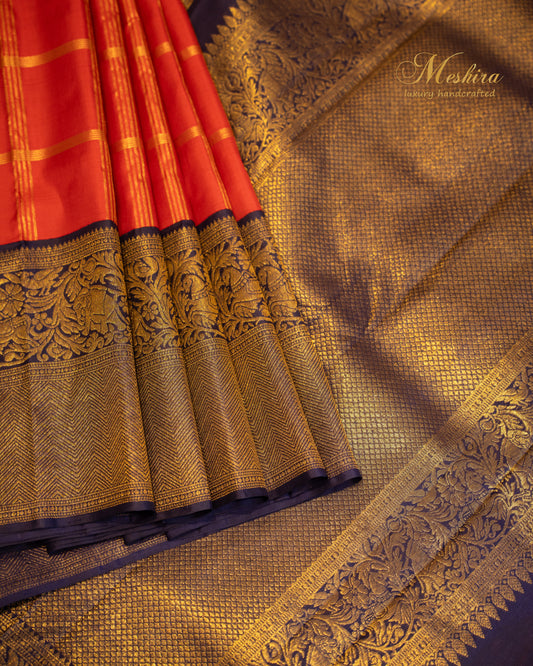 Kanchivaram Silk Saree in Vermilion Red & Midnight Blue