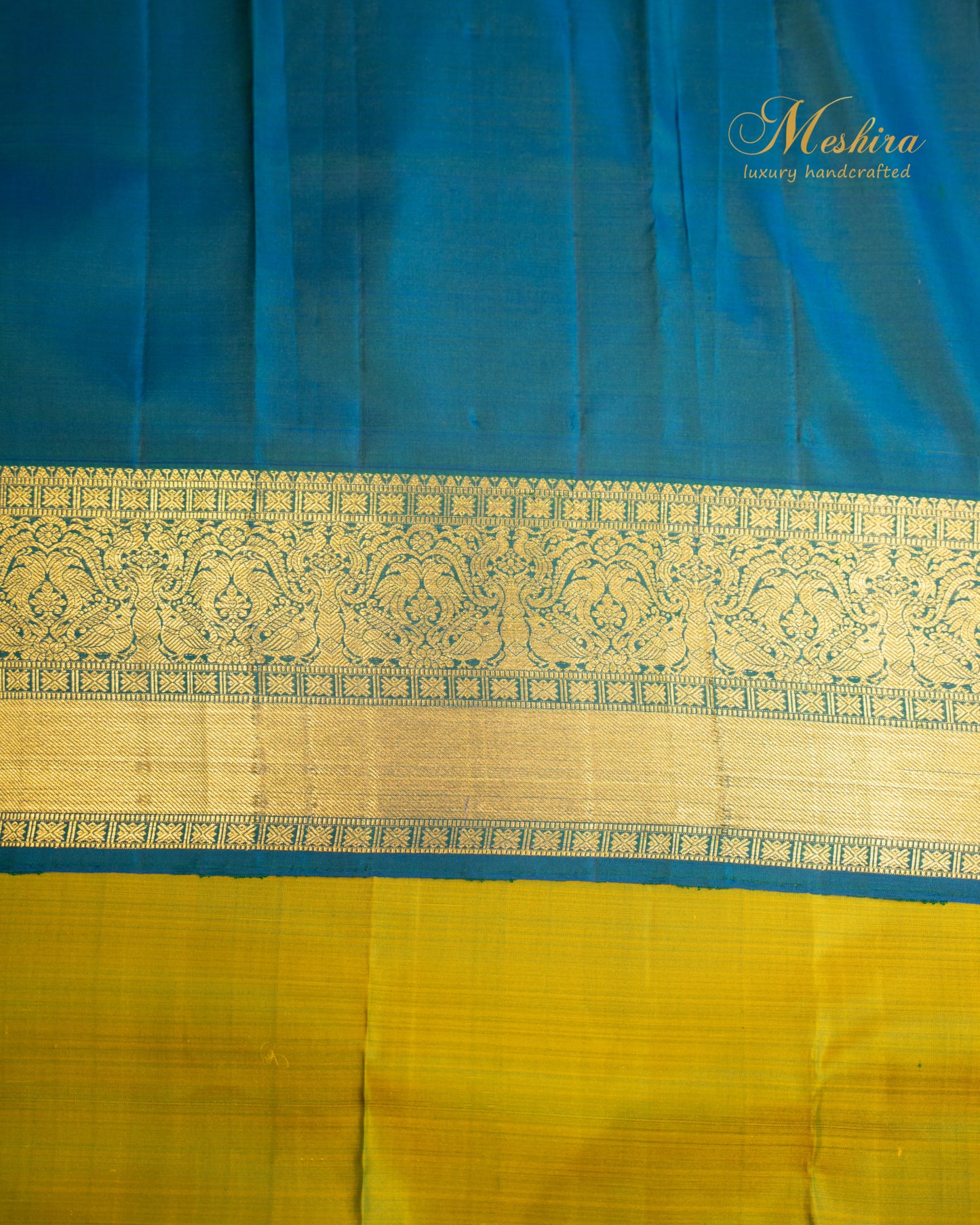 Parrot Green & Teal Blue kanchivaram Silk Saree with Gold Zari Weave