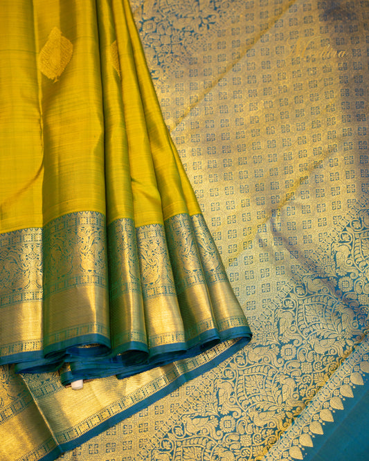 Parrot Green & Teal Blue kanchivaram Silk Saree with Gold Zari Weave