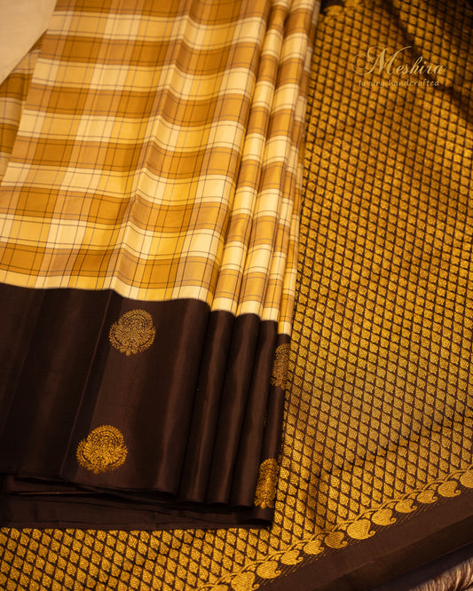 Kanchivaram Silk Saree in Mustard Checks & Coffee Brown