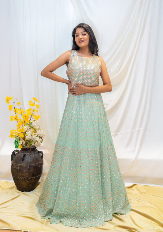 A refreshing mint green gown beautifully embellished with mirror