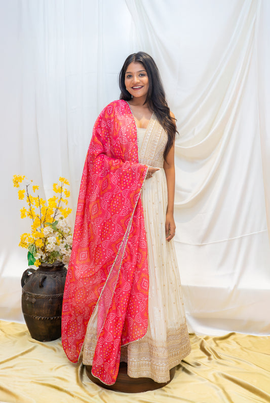 White Gown with pink Shawl