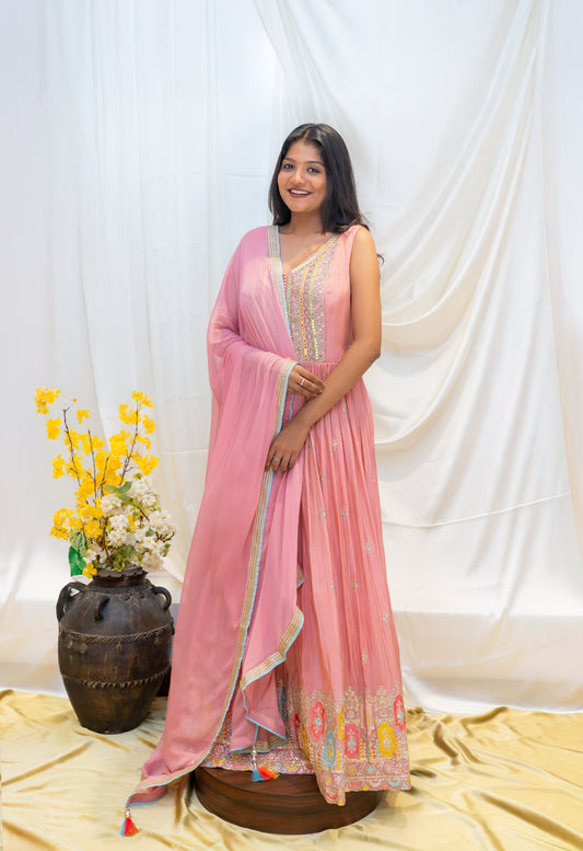 Pink Embroidered Gown with Shawl