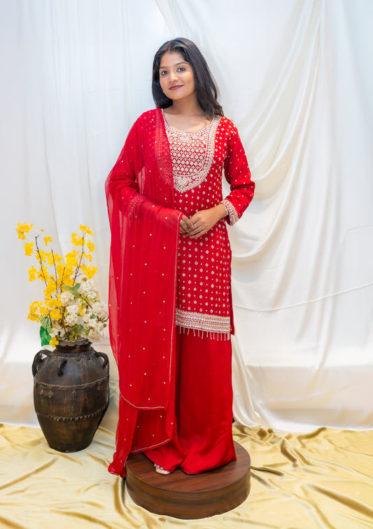 Red Mirror Work Palazzo Suit with Embroidered Dupatta