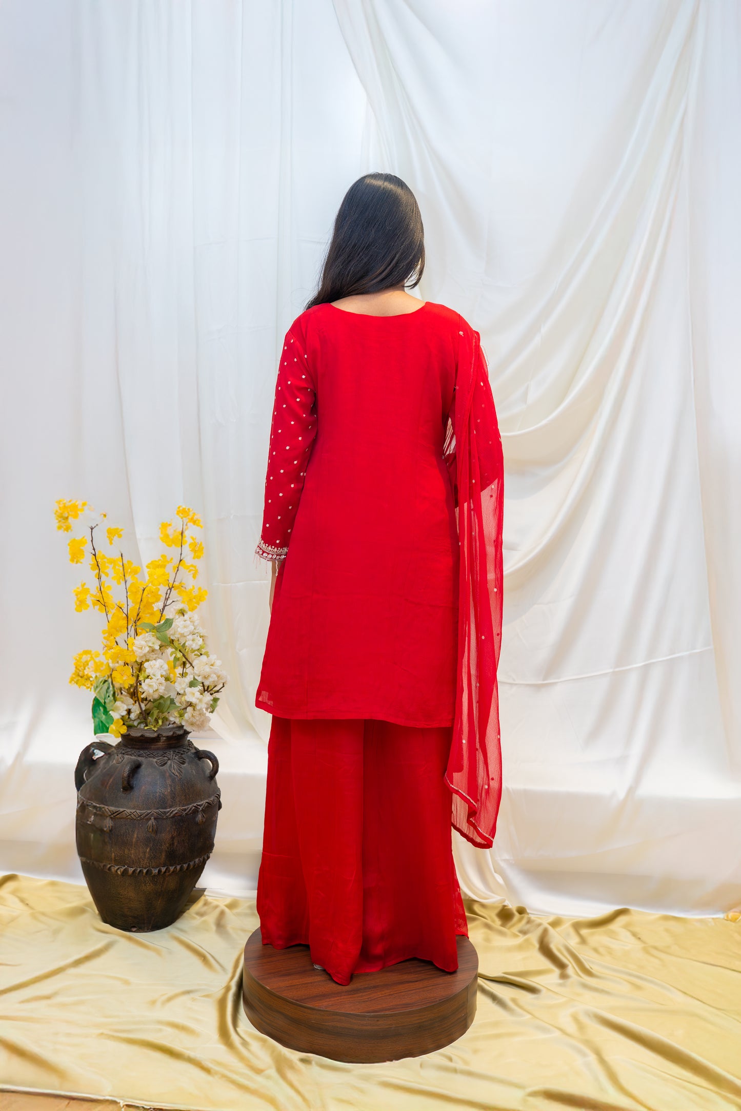 Red Mirror Work Palazzo Suit with Embroidered Dupatta