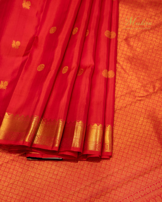 Classic Red Kanchivaram silk saree with golden zari buttas