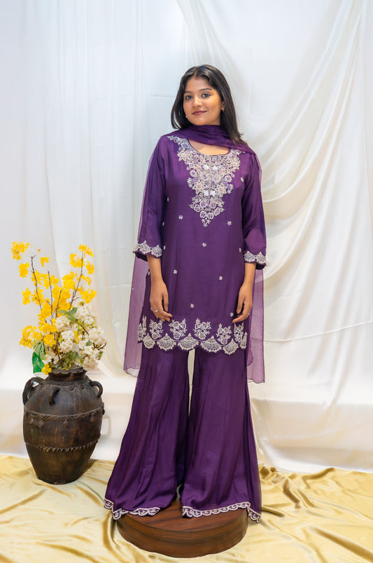 Purple Embroidered Sharara Set
