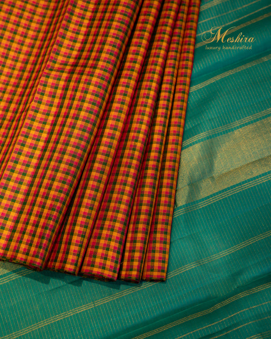 Multicolour Checked Kanchivaram silk saree with Teal Blue Pallu