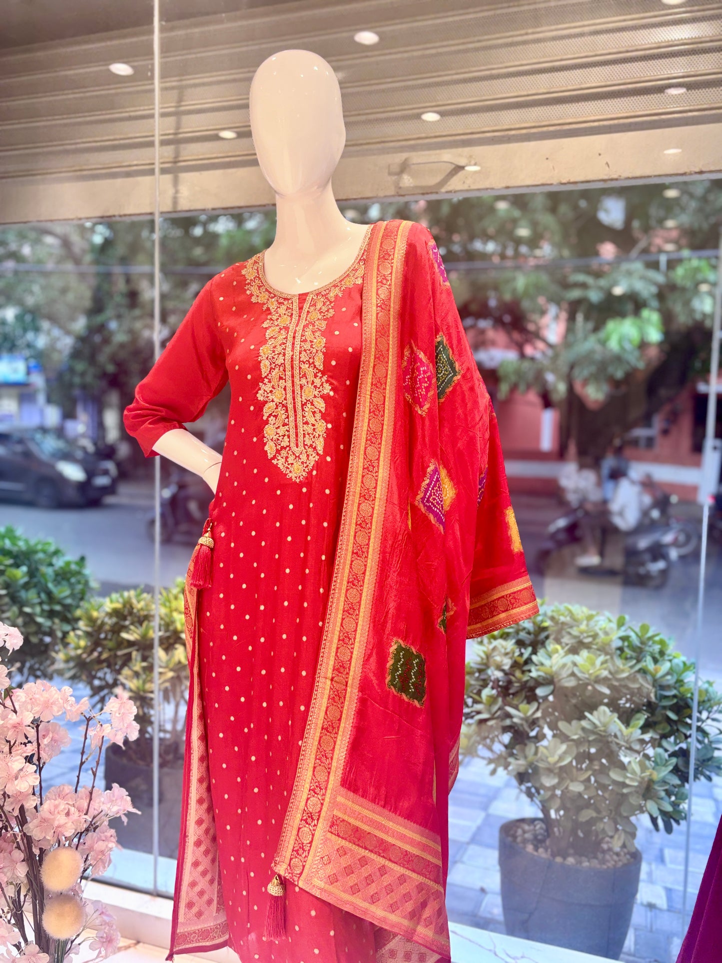 Fiery red Banarasi lehenga with embroidery