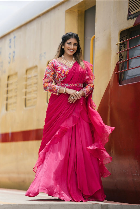 Fuchsia pink designer drape saree with belt