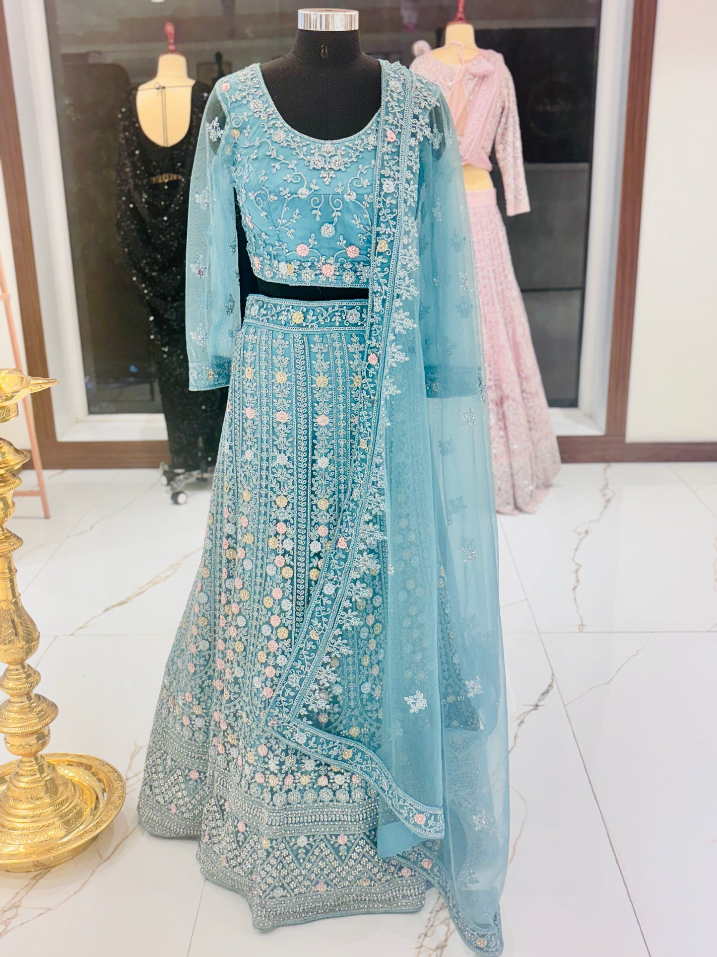 Teal blue embroidered lehenga set