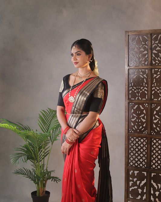 Black and red Kanchivaram Silk Saree with silver Zari