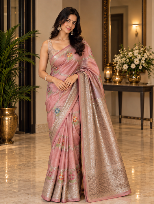 Pretty pink Banarsi silk saree with floral motifs