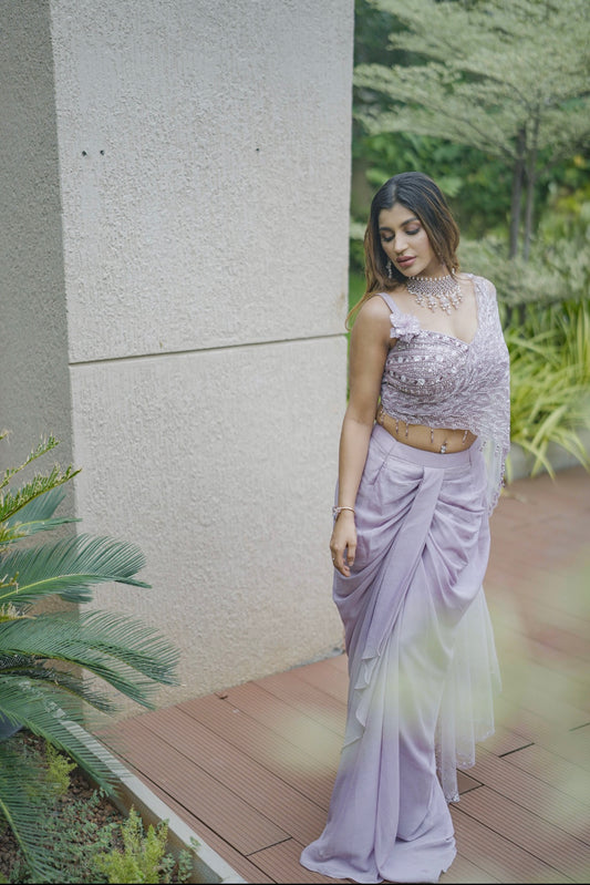 Lilac draped skirt and embellished blouse