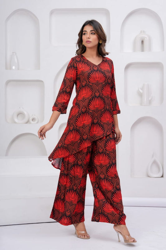 Jaipur cotton Red and maroon coord set with lotus print