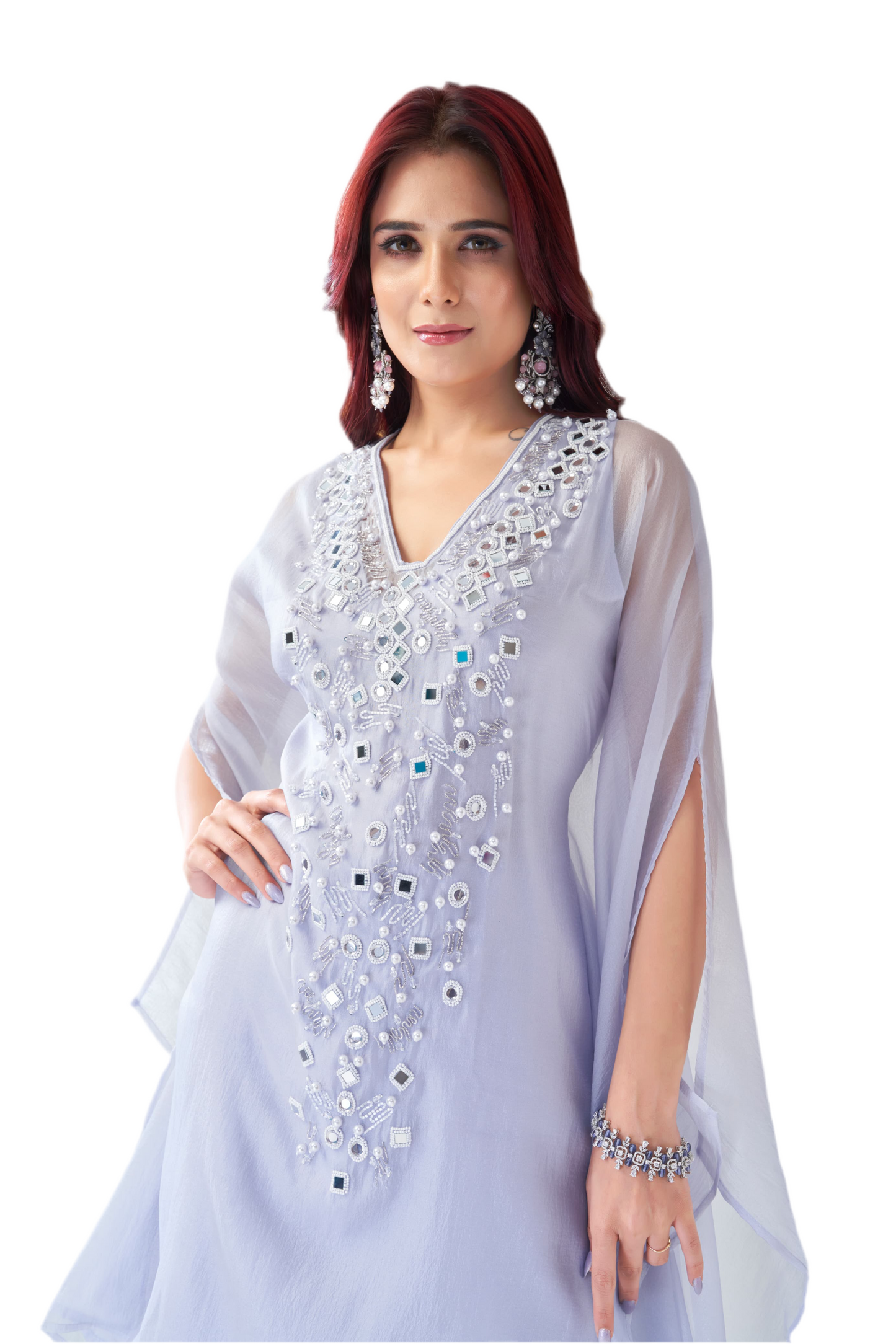 Lilac suit with Dhoti pants and mirror work embroidery.