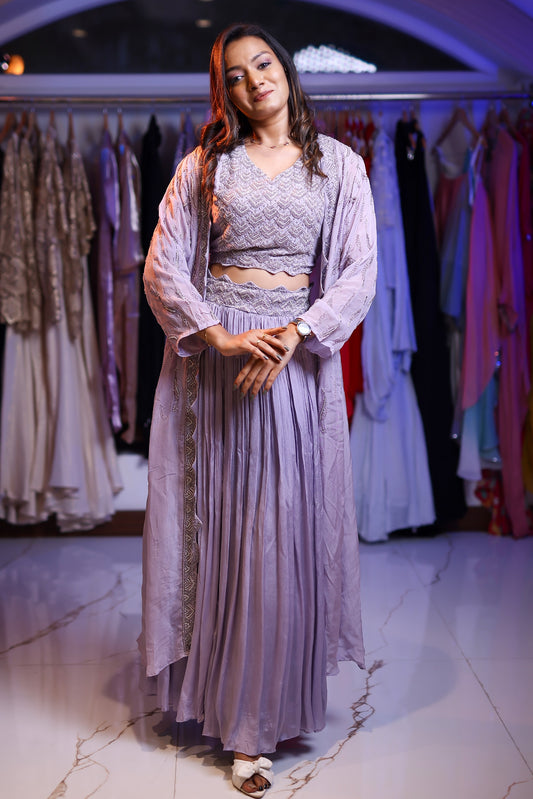Lavender colour Designer dress with embellished blouse and jacket