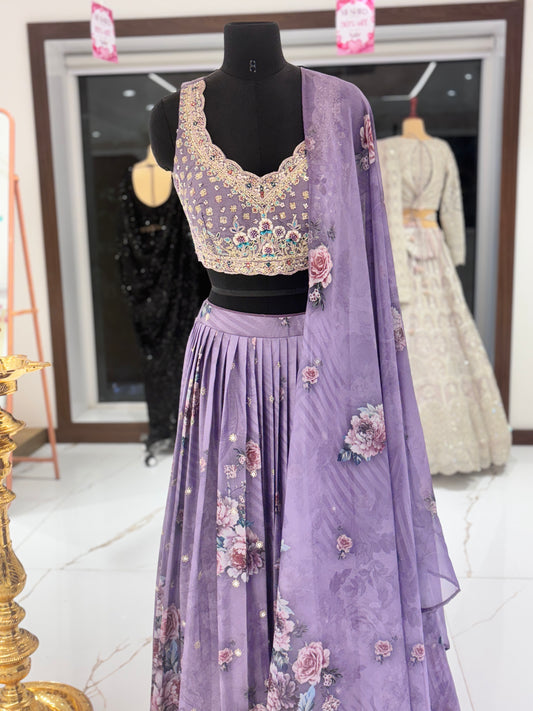 Lavender floral lehenga with embroidered blouse.