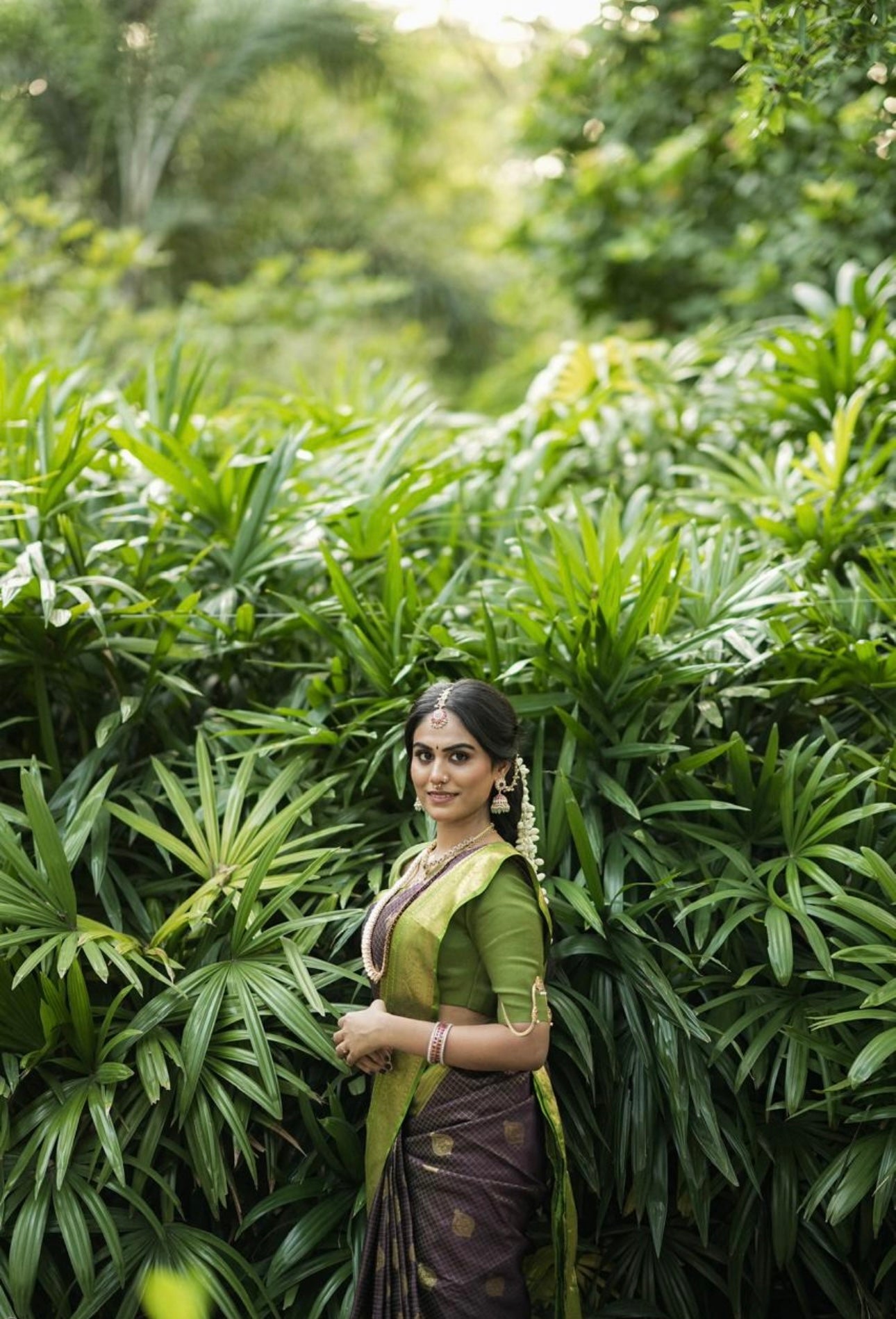 Traditional colours of purple and garden green Kanchivaram silk saree