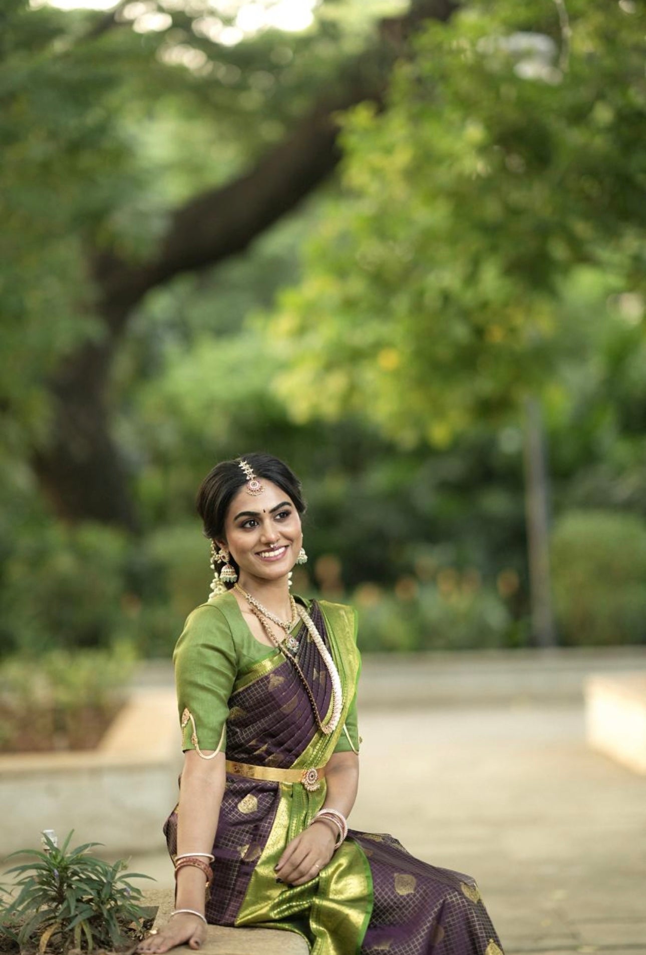 Traditional colours of purple and garden green Kanchivaram silk saree