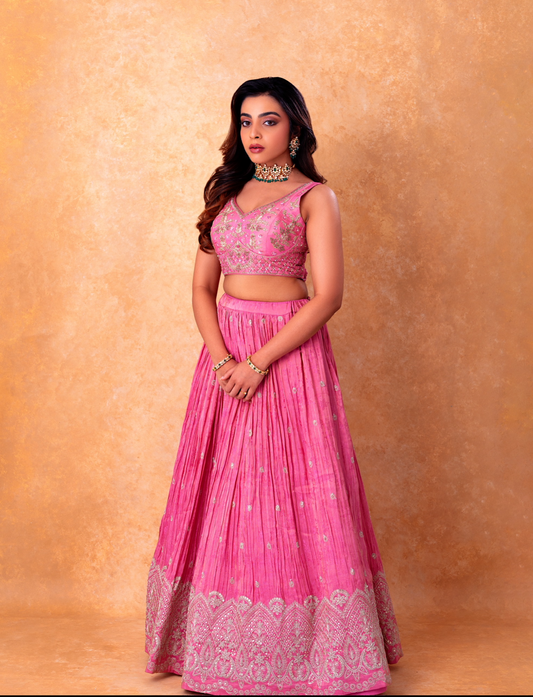 Gorgeous pink on pink chiffon lehenga