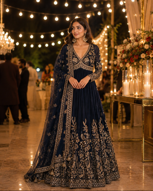 Elegant navy blue grand embroidered Anarkali set