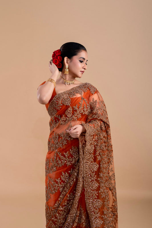 Elegant Rust Orange saree with intricate embroidery