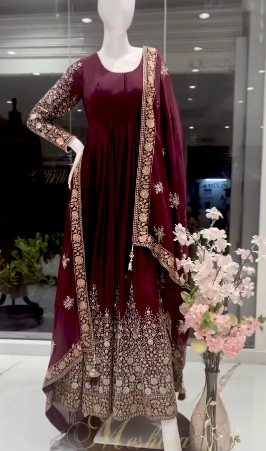Wine Embroidered Elegance Anarkali