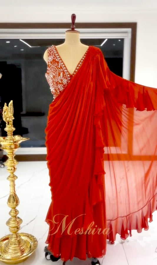 Fiery Orenge Ruffle Ready To Wear Saree