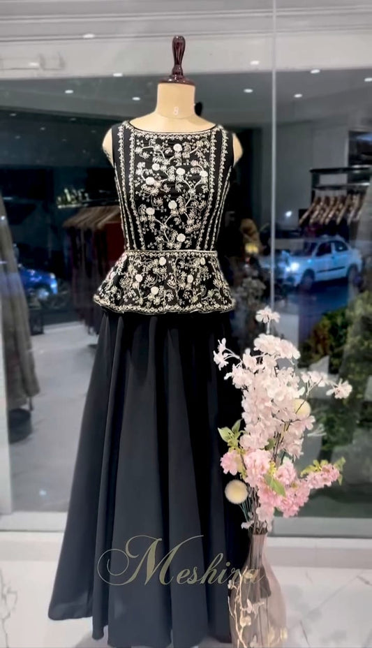 Black Peplum Gown with Ivory Embroidery