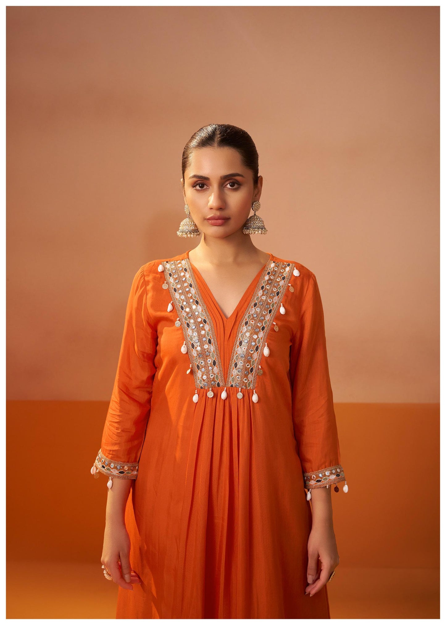 Bright Orange Embellished Kurta Set