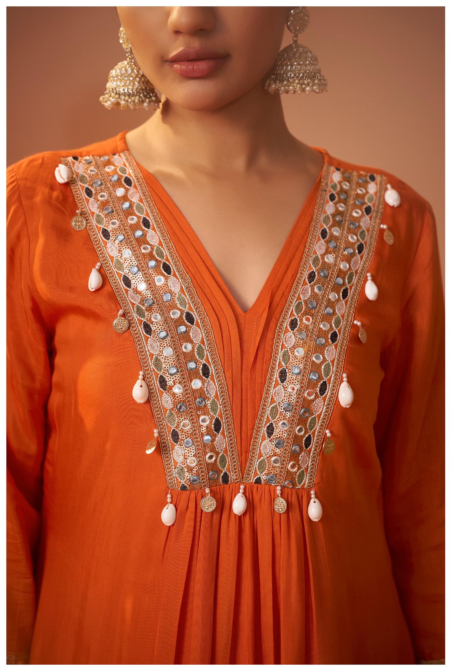 Bright Orange Embellished Kurta Set