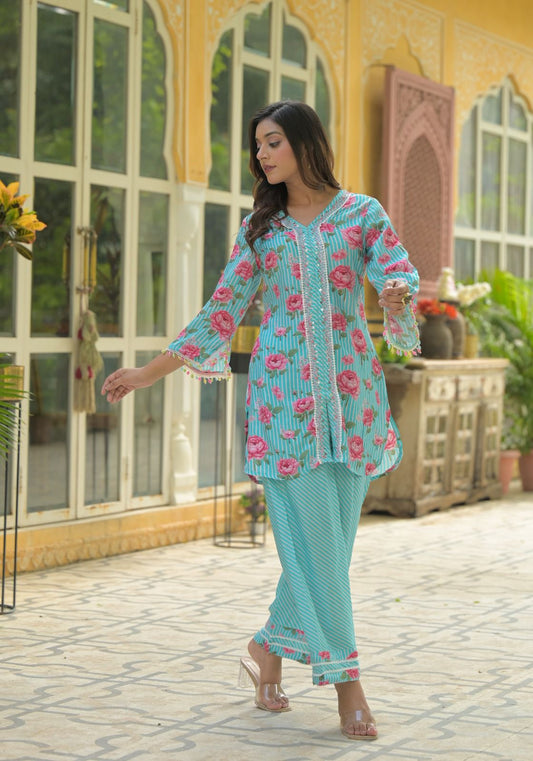 Elegant Floral Striped Kurti and Pants Set