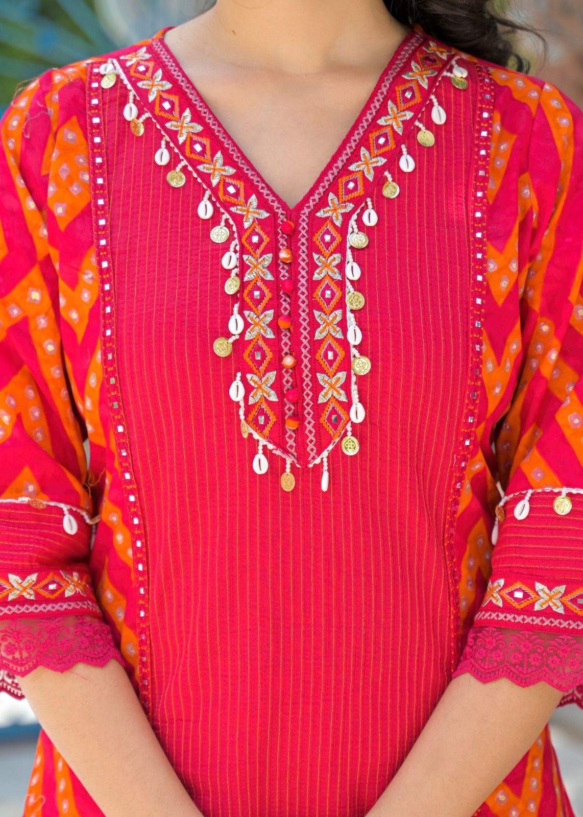 Bright Pink Mirror Work Kurta Set