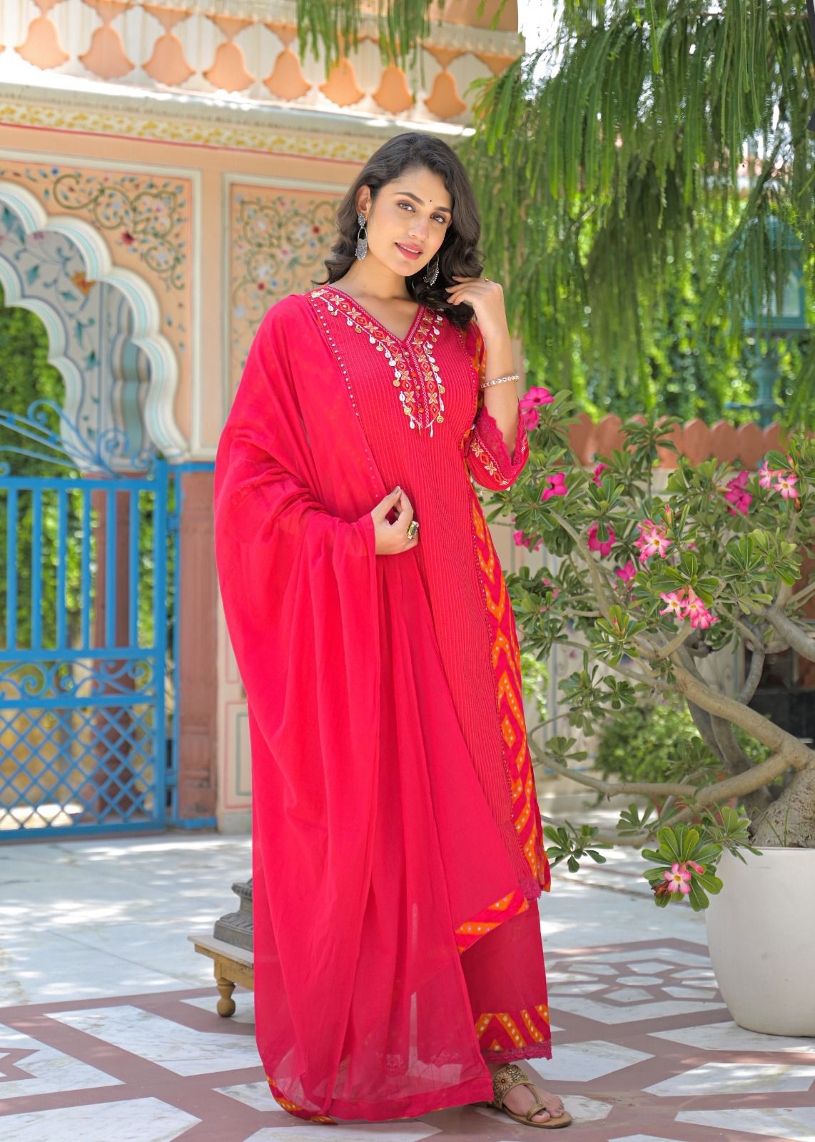 Bright Pink Mirror Work Kurta Set