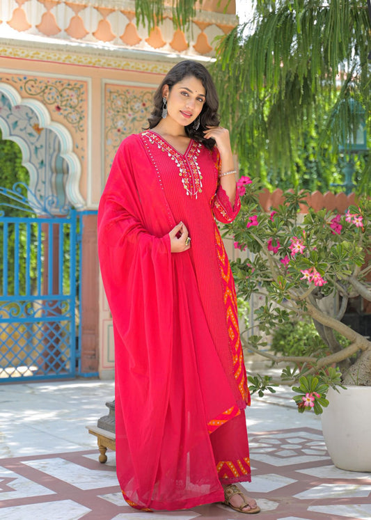 Bright Pink Mirror Work Kurta Set