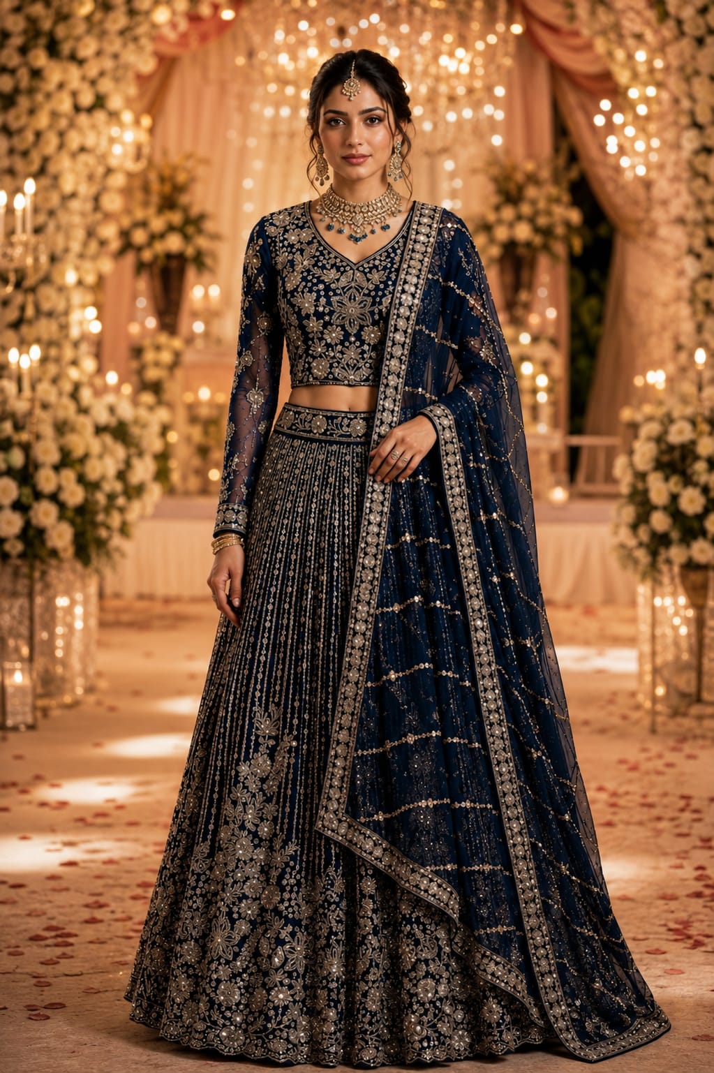 Regal navy blue lehenga set with intricate work