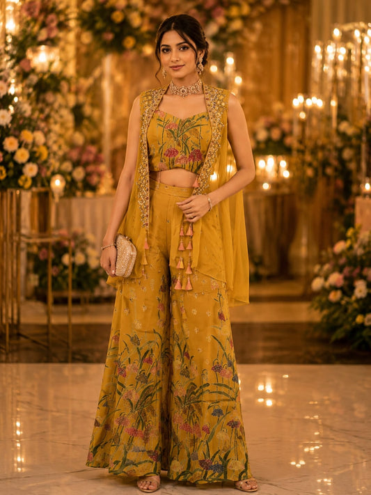 Beautiful yellow Indo western set with embellished cape