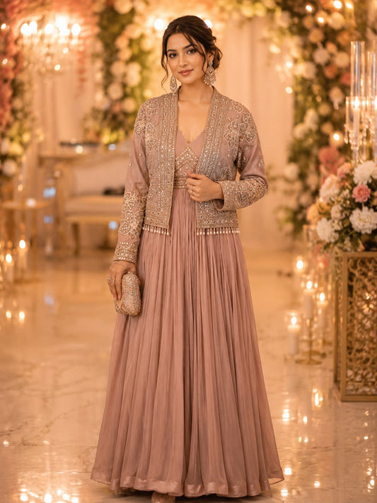 Beautiful embroidered mauve anarkali with a jacket set