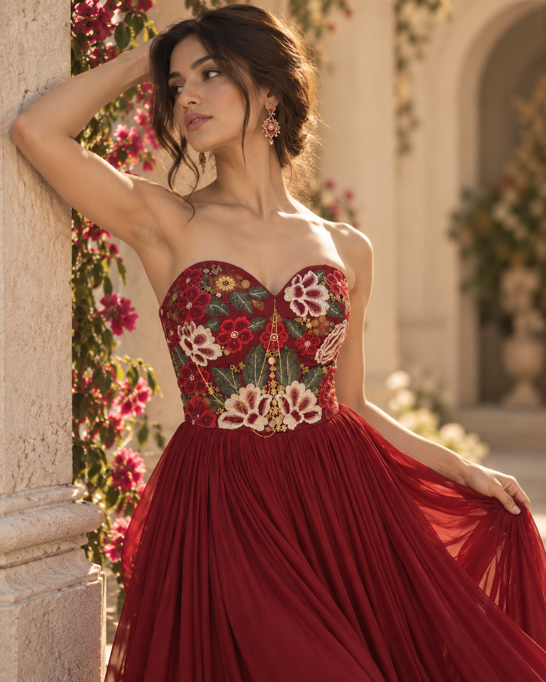 Stunning Maroon StraplessGrown with floral embroidered corset body.