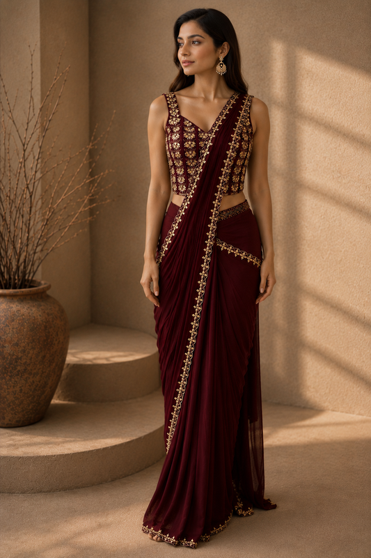 Mesmerizing wine coloured corset drape saree with mirror work.