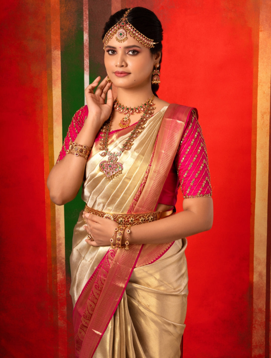 Gorgeous gold bridal Kanchipuram silk saree.