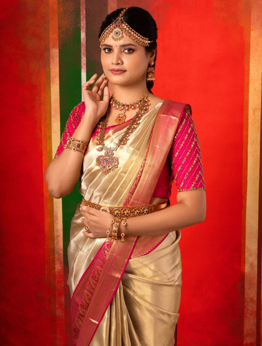 Gorgeous gold bridal Kanchipuram silk saree.
