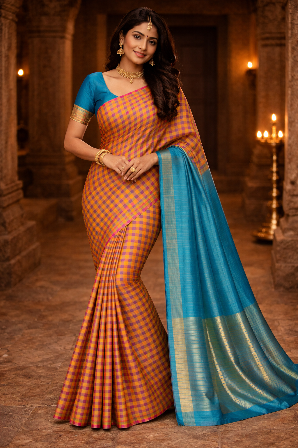 A vibrant silk saree featuring a rich orange and pink checked pattern